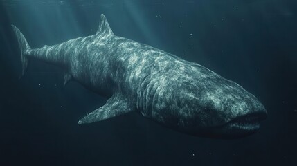 Naklejka premium 4K Realistic Massive Greenland shark in deep Arctic waters,
