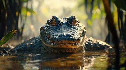 Fototapeta premium 4K Realistic Powerful saltwater crocodile lurking in mangrove swamp,
