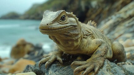 Fototapeta premium 4K Realistic Prehistoric-looking tuatara on rocky New Zealand coast,