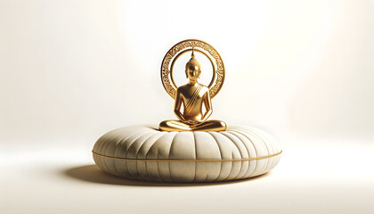 Golden Buddha in Meditation: A serene and minimal 3D rendering of a golden Buddha statue in a meditative pose, set against a minimalist white background. The statue is adorned with intricate details 