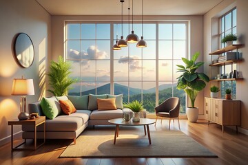 Fototapeta premium Tranquil Home Views: Serene, peaceful, ambient light, ethereal colors, minimalist composition