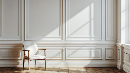 A single, white chair sits in a bright room with wainscoting and hardwood floors.