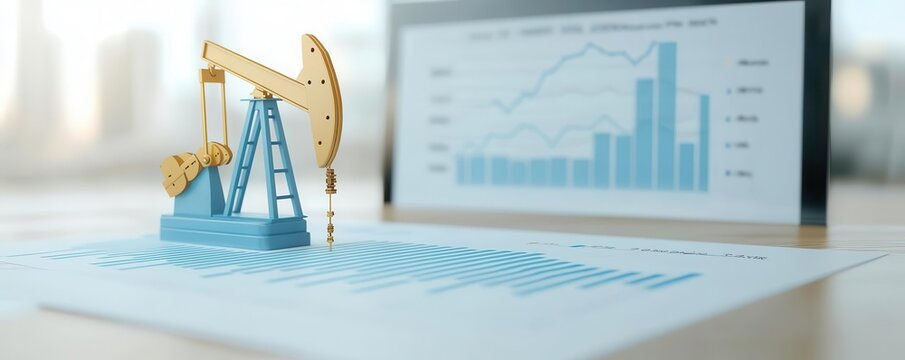Concept of oil industry with miniature rig and financial charts showcasing market trends and data analysis.