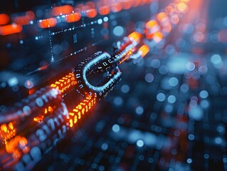 Abstract digital representation of blockchain technology with glowing binary code in a futuristic setting
