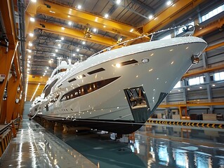 Luxury yacht being built in a modern shipyard with bright lighting and a clean floor