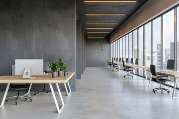 Modern office interior with brick wall, industrial style desk and chairs, and large windows.