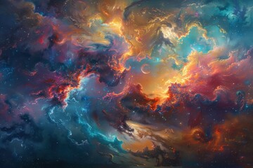 Cosmic Landscape with Crescent Moon and Starry Nebula