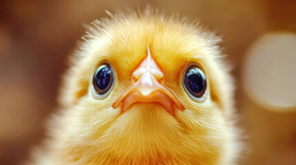 With sparkling eyes full of wonder, a baby chick curiously looks toward the camera, embodying the essence of youth and innocence in nature