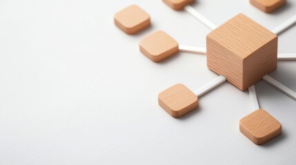 Abstract illustration of a network structure with wooden blocks representing connections and relationships in a minimalistic design.