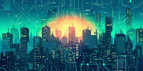 Obraz premium Futuristic Smart Cyber City illustration: Innovative Urban Landscape, futuristic technology and cyber punk concept, Graphic Resources, Wallpapers, Brochure, Websites, banner, Advertising, background