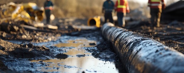 Close-up of a cracked oil pipeline leaking oil onto muddy ground with workers in the background addressing the environmental hazard