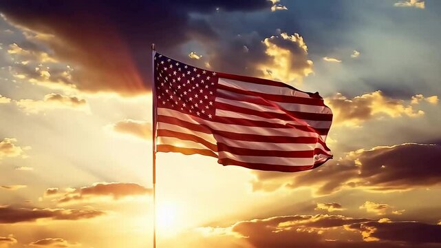 The American flag waving in the wind with a beautiful sunset in the background. Perfect for patriotic or political projects
