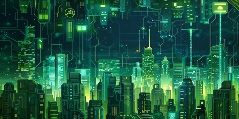 Obraz premium Futuristic Smart Cyber City illustration: Innovative Urban Landscape, futuristic technology and cyber punk concept, Graphic Resources, Wallpapers, Brochure, Websites, banner, Advertising, background
