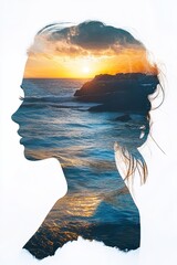 Beautiful double exposure photography of a woman's silhouette with a serene beachfront harbor scene, blending warm hues of sunset with the cool blue of the ocean on a clean white background