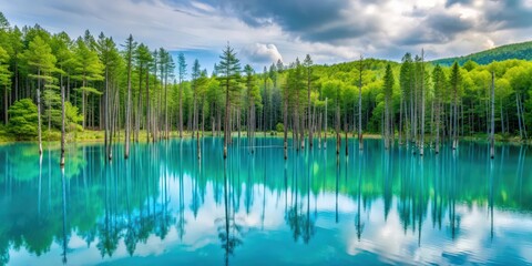 Tranquil blue pond surrounded by lush greenery in summer Biei, Hokkaido, Japan, beautiful, blue pond, aoi-ike, summer, Biei