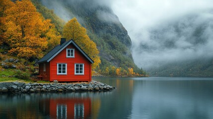 Fototapeta premium Red Cabin by the Misty Lake in Autumn