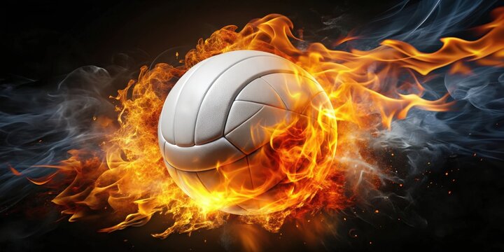 Volleyball engulfed in flames, representing intense competition, volleyball, fire, competition, sports, flames, team, game, heat
