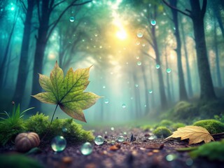 Soft Minty Pastel Gradient Textures Fresh Morning Dewdrops Crisp Leaves Serene Forest Floor Moody Overcast Skies Worm's Eye View Shot