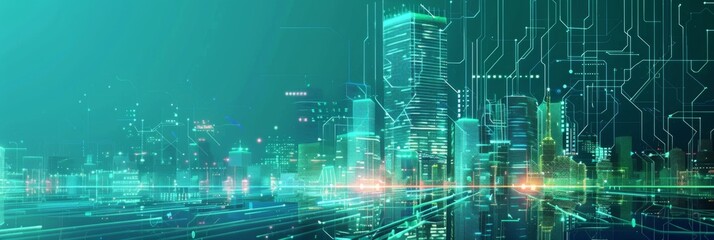 Obraz premium Futuristic Smart Cyber City illustration: Innovative Urban Landscape, futuristic technology and cyber punk concept, Graphic Resources, Wallpapers, Brochure, Websites, banner, Advertising, background