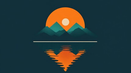Tranquil Sunset Lake Scene with Geometric Logo and Hand-Drawn Art on Turquoise Background in Flat Design Style