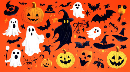 Fototapeta premium Bright Halloween symbols come to life in this colorful illustration, showcasing pumpkins, ghosts, and witches in a festive, spooky atmosphere