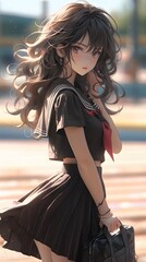 An anime-style full-body painting in high-definition, showcasing a detailed and realistic portrayal. The character is illuminated by bright daylight