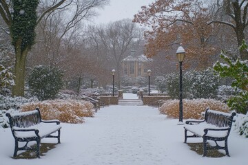 Snowy Pathway Between Two Benches and Snow-Covered Trees
