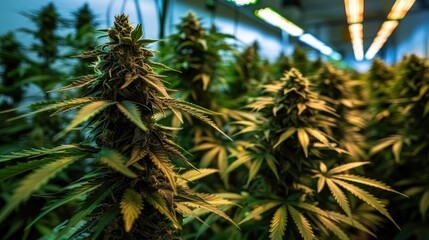 Lush cannabis plants in a high-tech indoor grow facility with LED lighting, cannabis, advanced cultivation