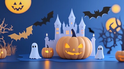 Fototapeta premium 3D illustration of Halloween . pumpkin, ghost, candle, bat and castle silhouette background.generative ai