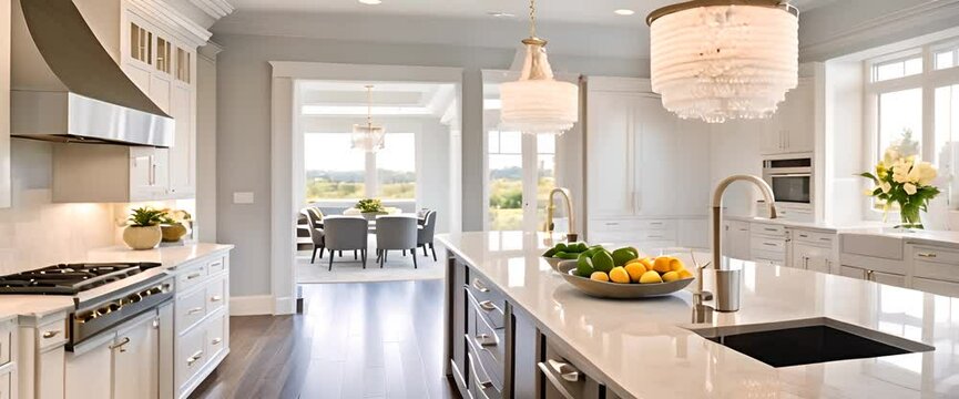 A bright, modern white kitchen in an estate home, with sleek marble countertops, shiny stainless steel appliances, and large windows letting in golden sunlight