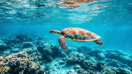 Sea Turtle Swimming Through Coral Reef