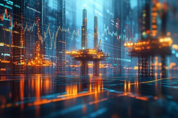 Fototapeta premium Futuristic cityscape with glowing buildings and digital graphs, illustrating innovation and technology in urban development.