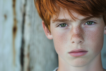 portrait of teenage boy with red hair and freckles