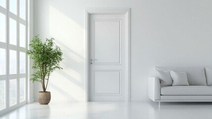 Living room with closed white door. 
