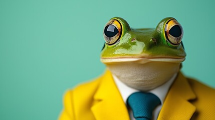  A cute frog wearing a yellow suit and blue tie, a close-up portrait on a light green background, with copy space.