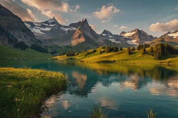 Fototapeta premium A tranquil evening view of bachalpsee lake surrounded by the lush greenery with the swiss alps in the background, bathed in the warm light of the setting sun.