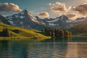 Fototapeta premium A tranquil evening view of bachalpsee lake surrounded by the lush greenery with the swiss alps in the background, bathed in the warm light of the setting sun.