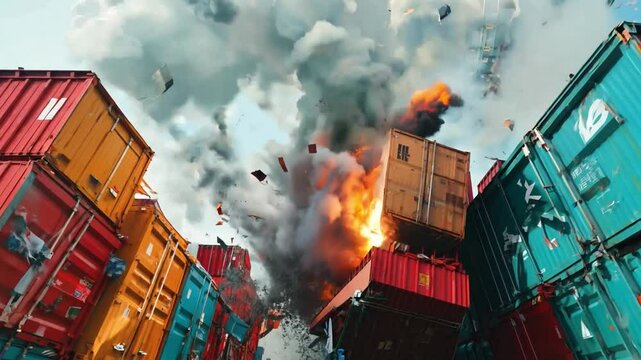 A collection of shipping containers with the flags of the United States and China colliding in midair against a stormy sky, signifying the severity of the trade war