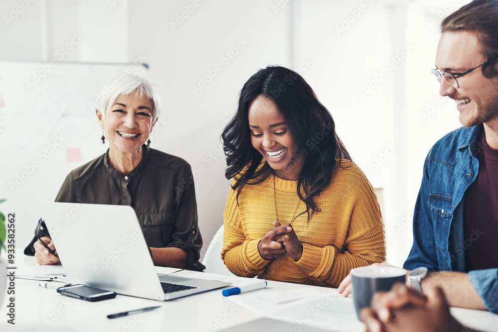 Aufkleber creative, business people and happy in office with laptop for project management, client brief and b