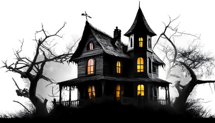 A spooky haunted house silhouette with jagged edges and broken windows