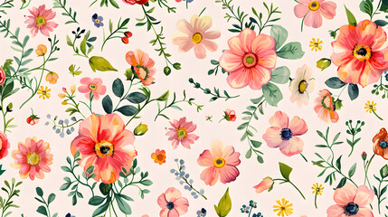 Fototapeta premium Whimsical Floral Frenzy: Vibrant Hand-Drawn Flowers and Leafy Vines in Seamless Pastel Pattern