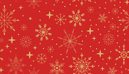 Golden pattern of snowflakes on a red background. Vector illustration. EPS 10. Pattern for Christmas gifts