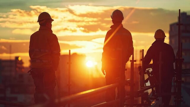 At a construction site at sunset, a civil engineer and an architect are debating the specifics of the project. The silhouettes of construction workers against the twilight sky enhance the atmosphere.