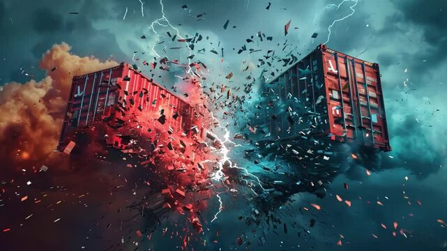 Mid-air conflict: Containers with American and Chinese flags colliding in the sky with a burst of sparks, signifying the economic struggle