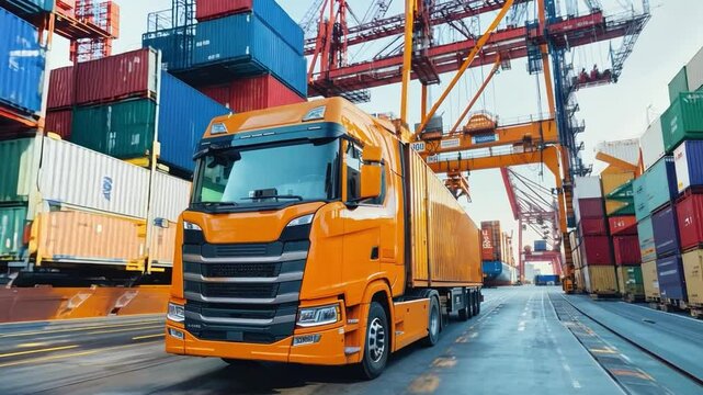 A container truck is being loaded by a crane bridge, with cargo ships docked nearby and a cargo plane in the sky, emphasizing logistics and heavy-duty transportation machinery.