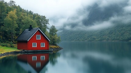 Fototapeta premium Red Cabin by the Misty Fjord
