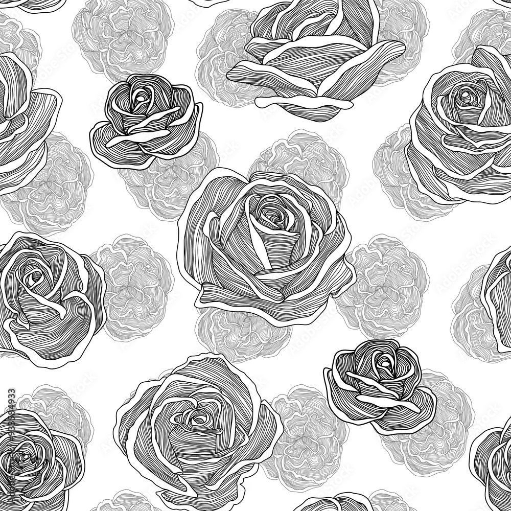 Wall mural seamless pattern with black and white roses. abstract illustration.