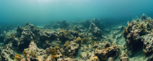 Fototapeta premium Underwater view of a once-thriving coral reef now barren, depicting the effects of environmental changes and human impact on marine ecosystems