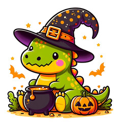 Obraz premium A tiny, green dinosaur dressed as a witch for Halloween. Complete with a pointed hat and a cauldron, this adorable creature is ready to brew up some spooky fun.