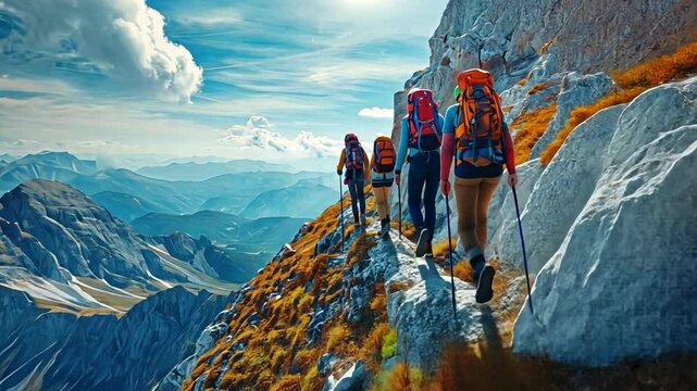 Climbers on a mountainside offering assistance over the precipice. Collaboration and the never-give-up mentality
